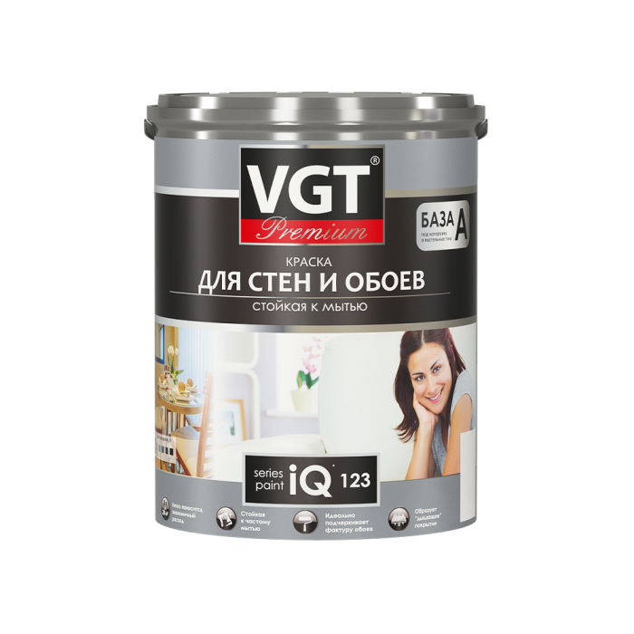 Краска VGT PREMIUM для стен и обоев iQ123 база А стойкая к мытью 2л (3.1 кг)