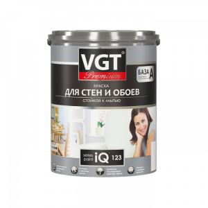 Краска VGT PREMIUM для стен и обоев iQ123 база А стойкая к мытью 9л (14 кг)
