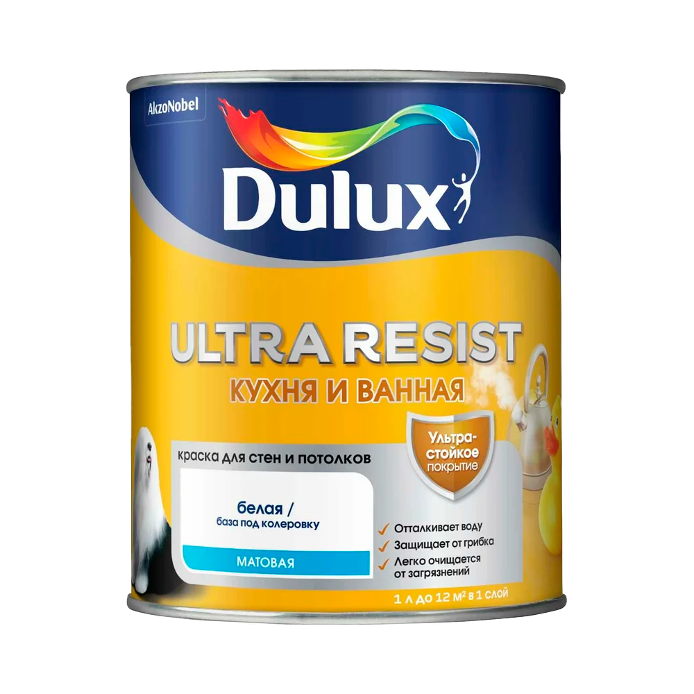 Краска Dulux Ultra Resist Кухня и Ванная водно-дисперсионная матовая база BW ( 1л)